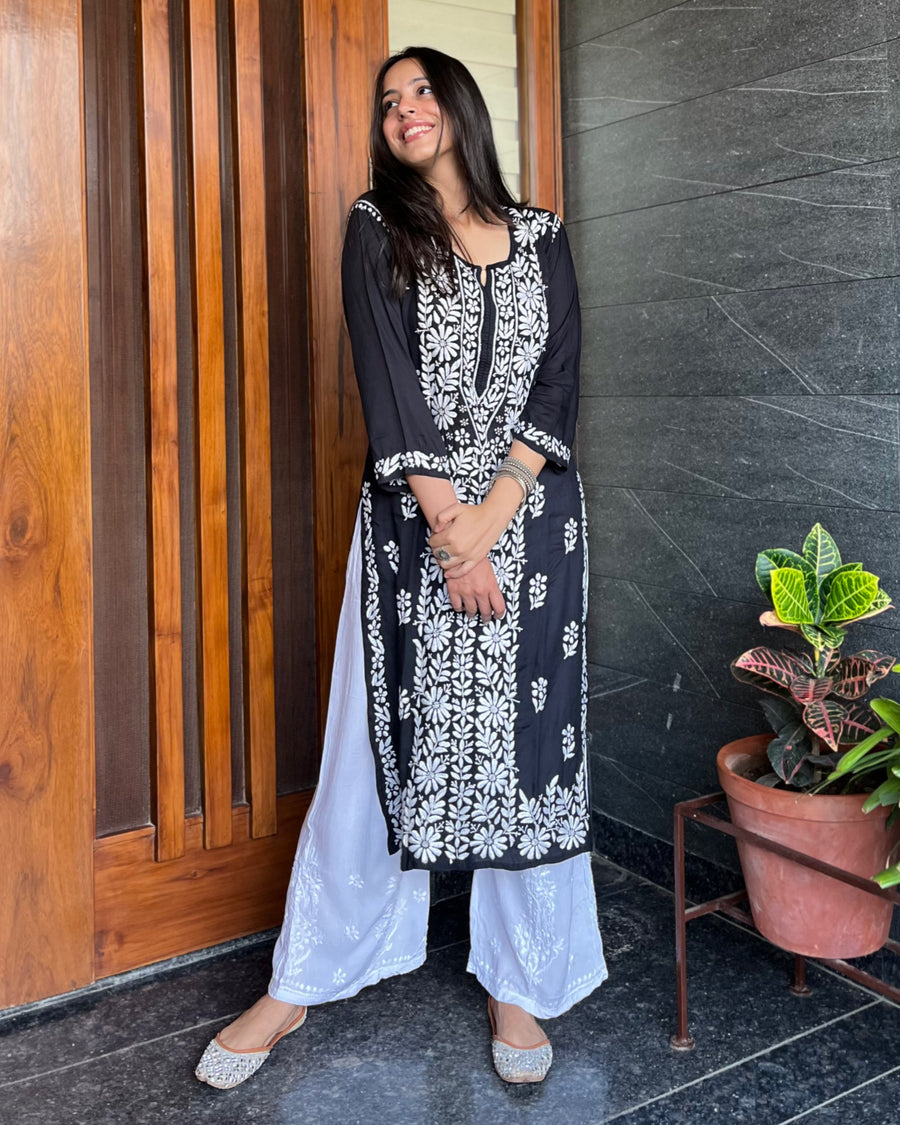 Black Cotton Chikankari Kurti with Floral Motifs – Parinita Sarees and  Fashion